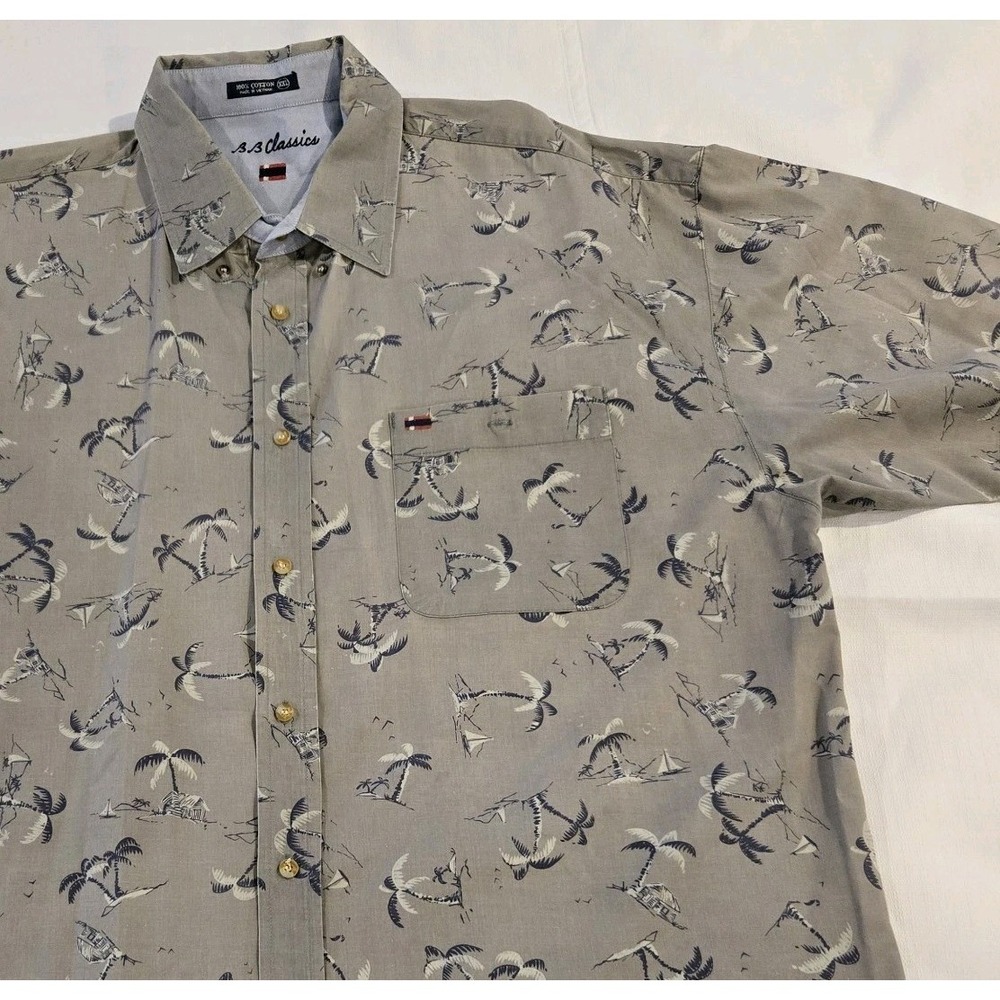 BB Classics Men's Short Sleeve Button Down Gray W/‎ Tropical Print 2XL